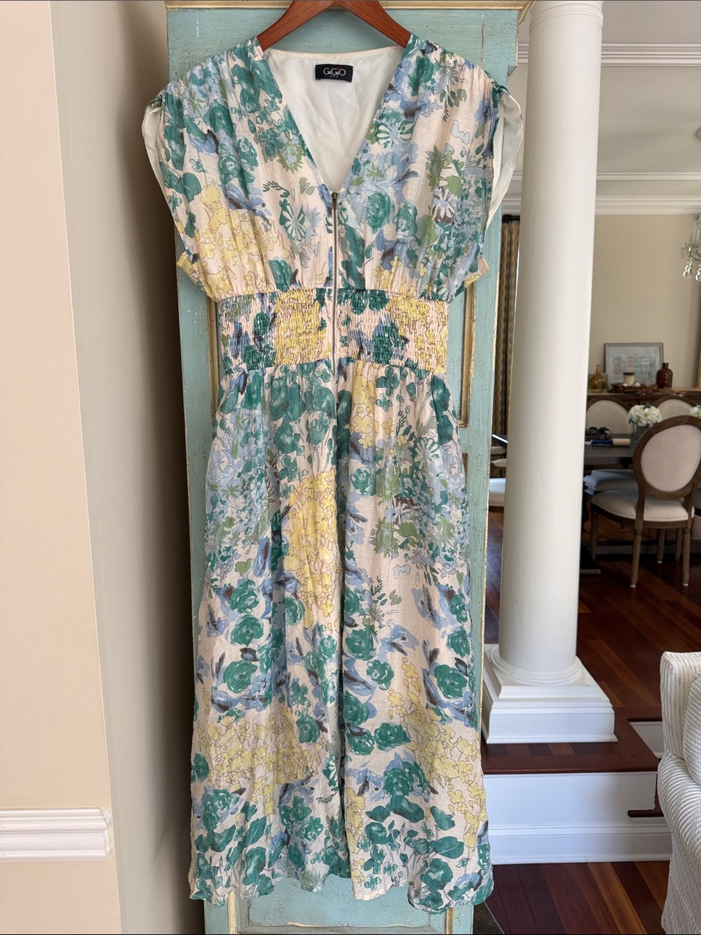 Gigio USA Floral Midi Dress Smocked Waist Zip Front Blue Green Medium